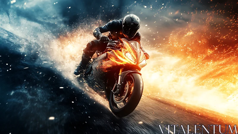Motorcyclist on sport bike amid fire and smoke effects.