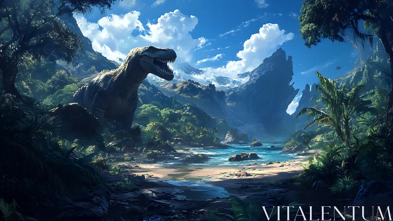 Tyrannosaurus rex stands in lush valley beside tropical river