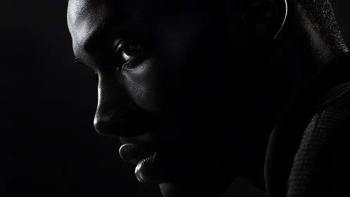 Low key side portrait in dramatic directional rim light.