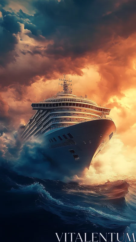 Cruise ship bow cutting through storm waves at sunset.