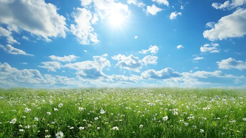 Sunlit daisy meadow drifting beneath a wide dreaming sky.