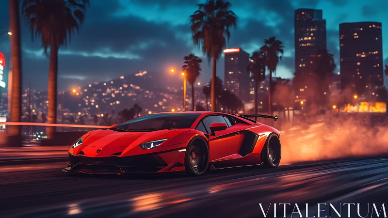 Midnight red supercar blazing through neon city haze.
