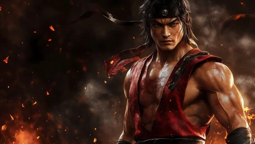 Flaming warrior tightens his stance as embers crown the air