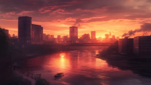 Fluvial urban skyline under volumetric sunset radiance study.