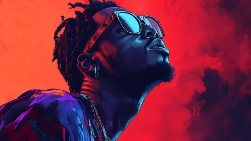 Neon-drenched dreamer crowned in electric sunset glow.