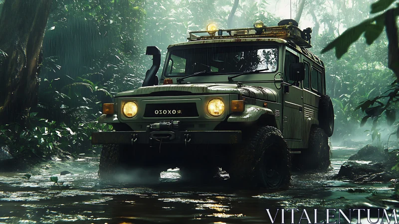 Off-road expedition truck crossing wet jungle stream.