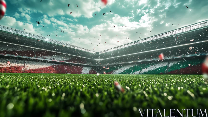 Football stadium interior with grass pitch and confetti.