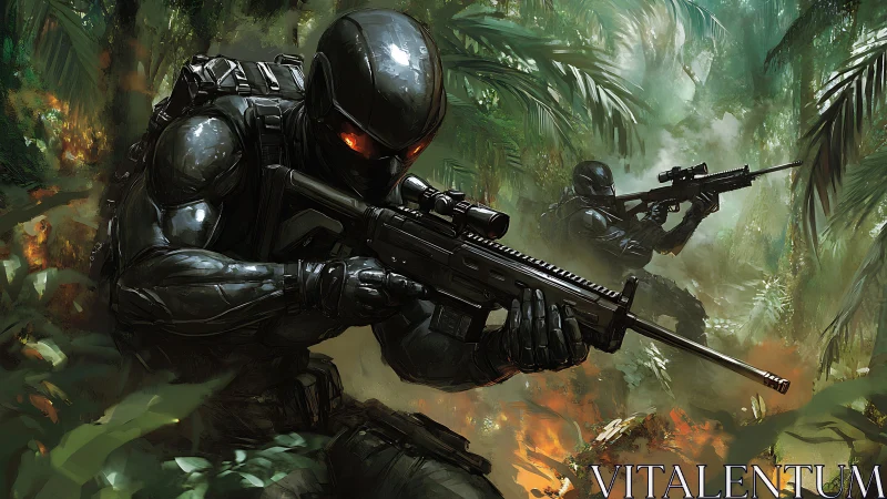 Stealth troopers stalk jungle fire in chrome-black armor.