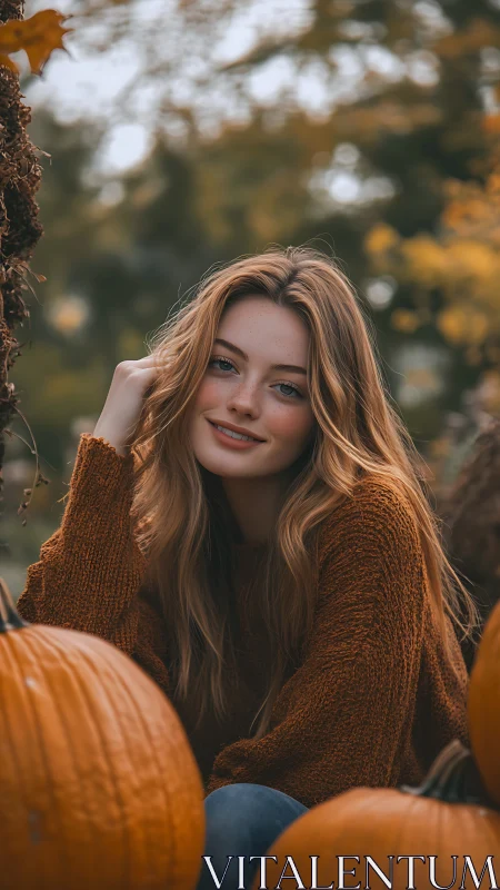 Portrait in autumnal pumpkin patch with shallow depth of field.