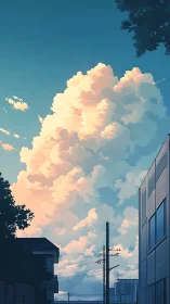 Cumulus tower over suburban street in warm evening light