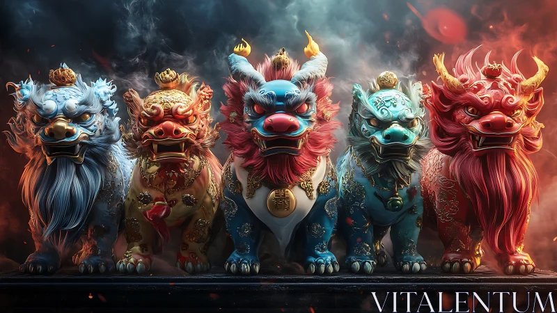 Chromatic qilin sentinels in volumetric cinematic lighting.