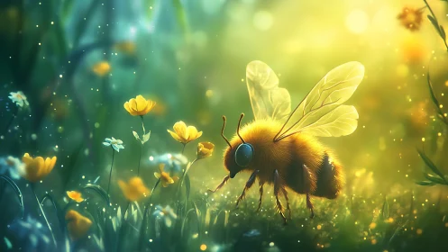Golden bee rests in glowing meadow of tiny wildflowers