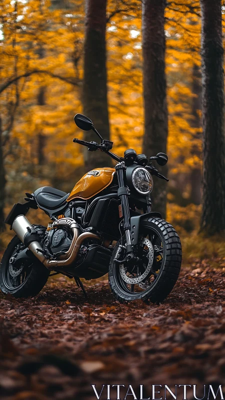 Retro-styled scrambler motorcycle in vivid autumn forest scene.