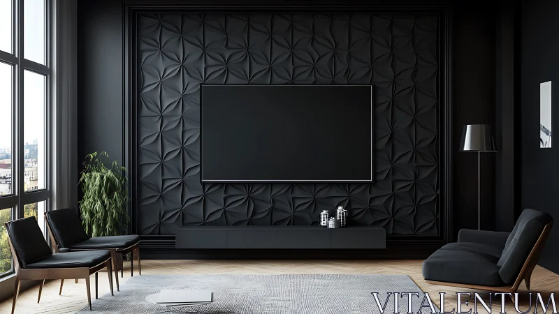 Monochrome media lounge with sculpted geometric wall paneling.