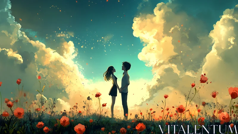 Two Figures in Luminous Poppy Field Against Ethereal Sky.