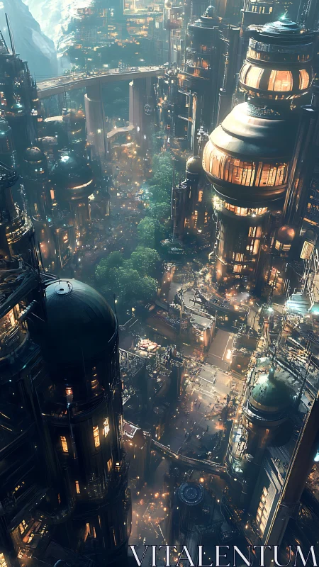 Vertical cyberpunk megacity glows with layered transit grids