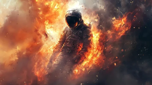 Spacesuit Figure in Intense Inferno: Digital Composite with Explosive Pyrotechnic Effects.