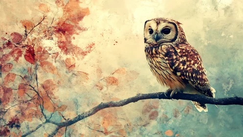 Majestic Owl on Branch in Artistic Autumn Watercolor Scene.