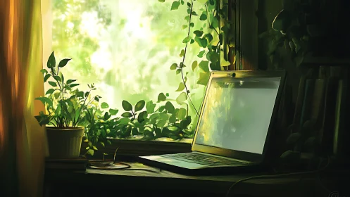 Cozy window desk with laptop bathed in gentle green light.