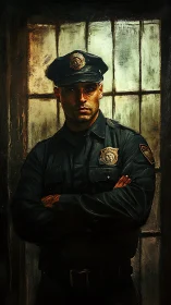 Calm officer stands watchfully beside a worn station window