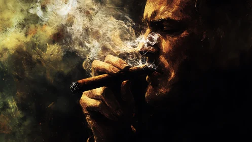 Textured chiaroscuro portrait depicts man exhaling cigar smoke slowly