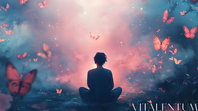 Dreamlit meditator births a storm of luminous butterflies