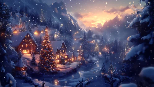 Illuminated alpine village under snowfall at winter dusk.