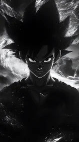 Monochrome anime warrior silhouette with swirling energy field.
