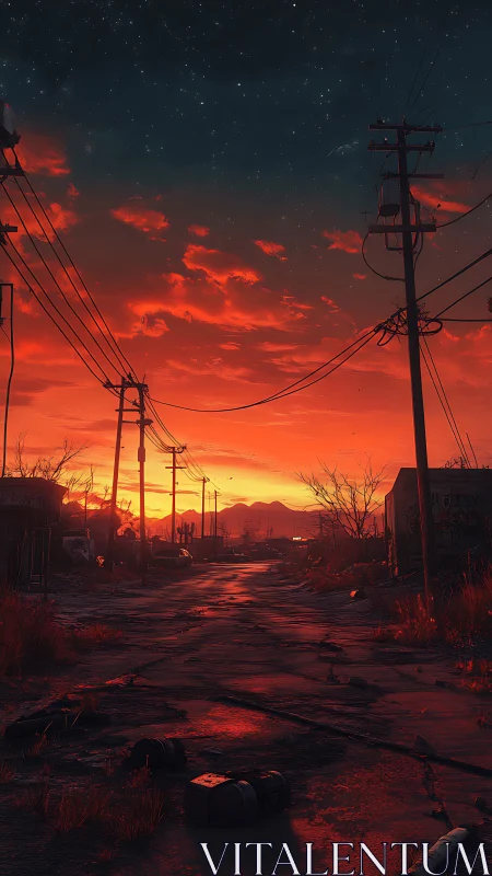 Deserted roadside glows beneath a blazing apocalyptic sunset.