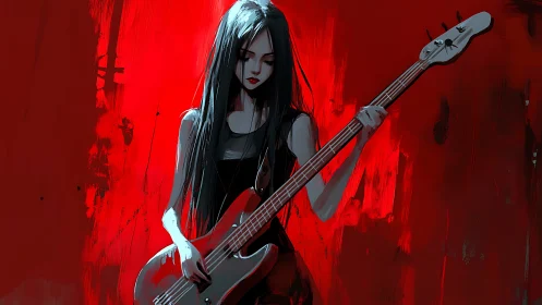 Gothic bassist silhouette rendered against high contrast red field