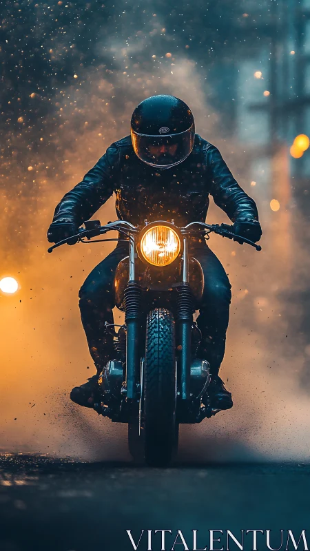 Stormlit rider carves fire and mist on the midnight street.