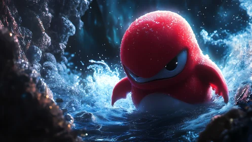 Plucky red sea creature braves foaming waves in a cave