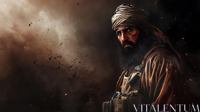 Bearded man in tactical gear stands beside dense dust cloud