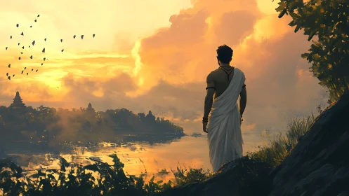 Figure in traditional robe overlooking river at sunset.