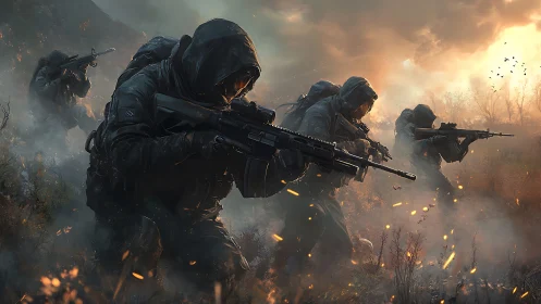 Hooded tactical squad advances through smoke at burning dawn