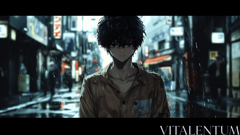 Brooding anime boy in rainy neon city street at night.