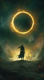 Lone swordsman under incandescent arcane eclipse halo field.