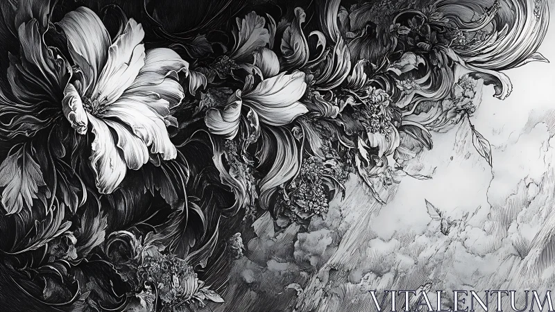 Monochrome blossoms drift into ethereal clouded sky.
