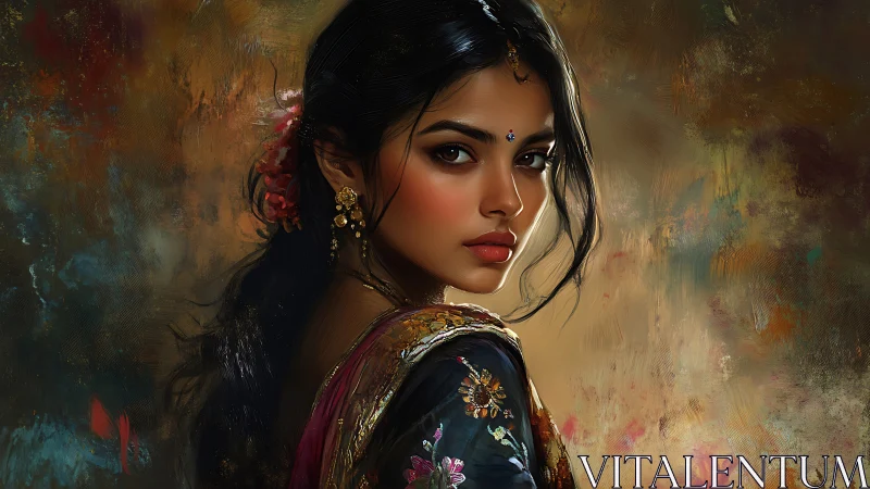 Portrait of an elegant woman in jeweled traditional attire.