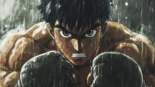 Determined anime boxer standing strong in the pouring rain.