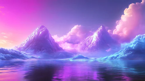 Neon-lit crystalline peaks rise above mirror-smooth iridescent water