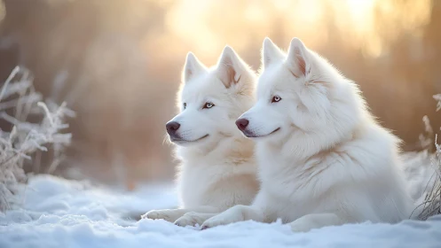 Two white husky dogs lying in winter sunset snow.