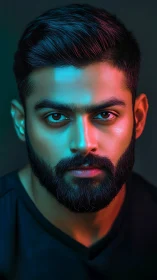 Neon rim-lit male portrait in high-contrast photorealistic style.