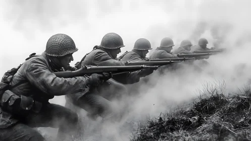 Infantry soldiers advance through dense battlefield smoke