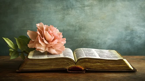 Soft petals lean over worn pages while wisdom glows quietly
