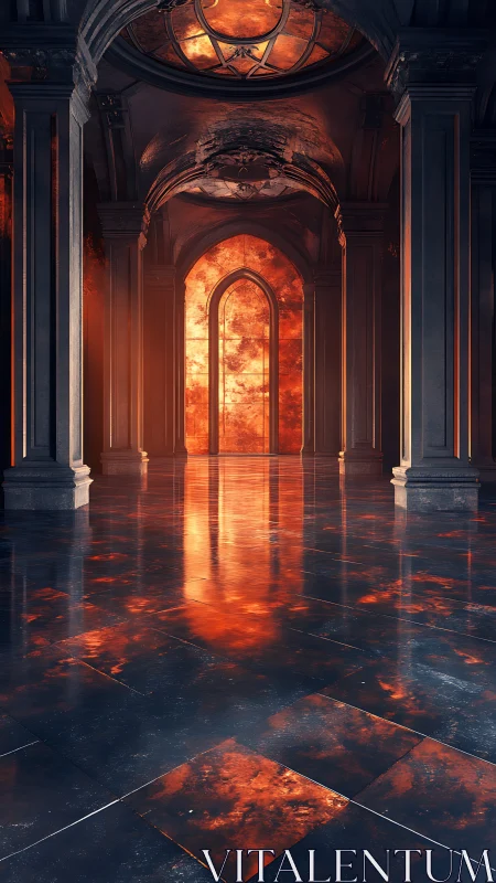 Gothic vaulted arcade with molten light reflections on marble