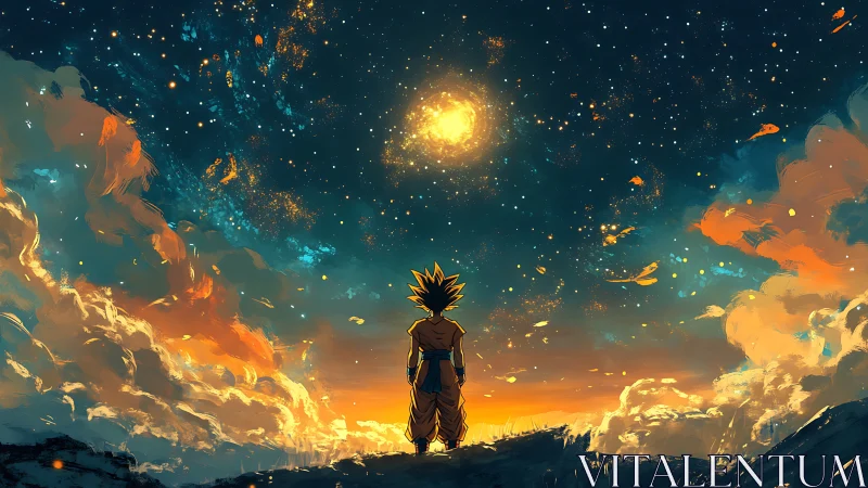 Starlit warrior gazes into a blazing cosmic sunrise sky.