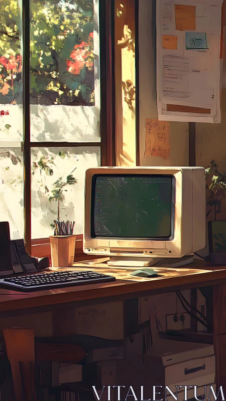 Sunlit retro workstation renders nostalgic analog coding space