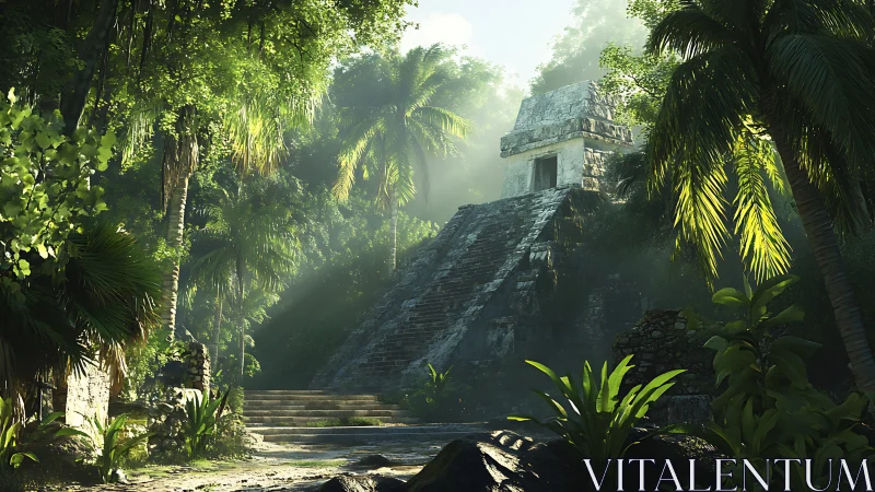 Sunlit Mesoamerican step pyramid embedded in dense rainforest.