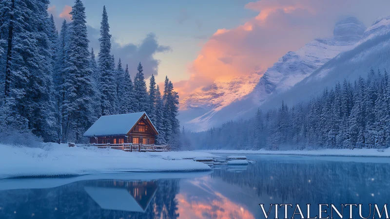 Snowbound cabin reflects in glacial lake at sunrise.